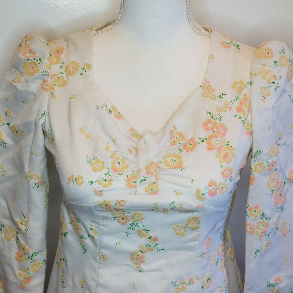 Vintage 70s Flocked Floral Maxi Prairie Dress White Peach Flowers Sz 0 XXS - Picture 6 of 13